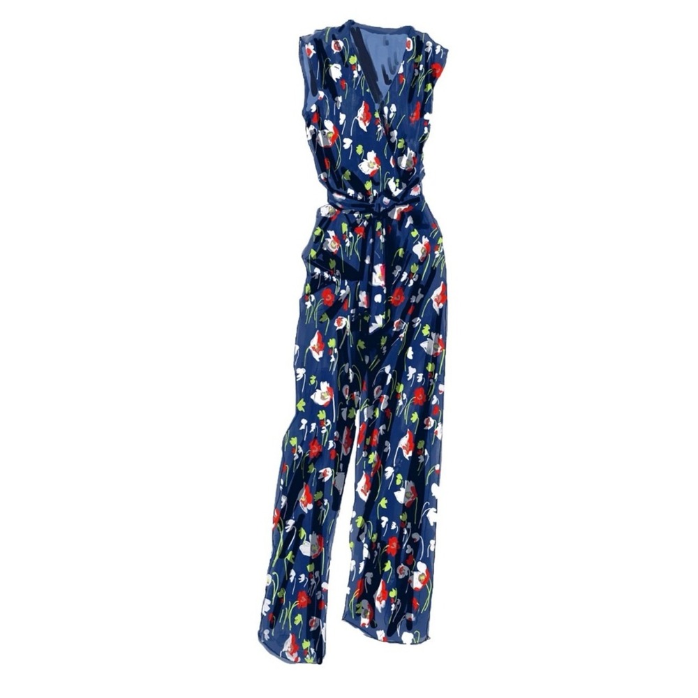 J. Peterman Navy Floral Sleeveless Wide Leg Jumpsuit Size 6